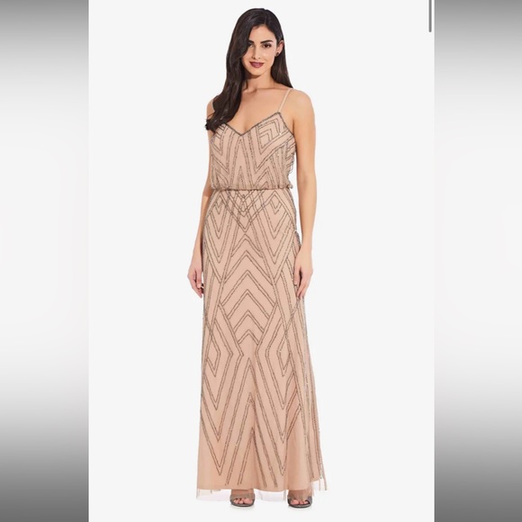 ADRIANNA PAPELL DIAMOND BEADED BLOUSON DRESS IN TAUPE PINK SIZE 4 (LIKE SIZE 2) - Picture 2 of 8